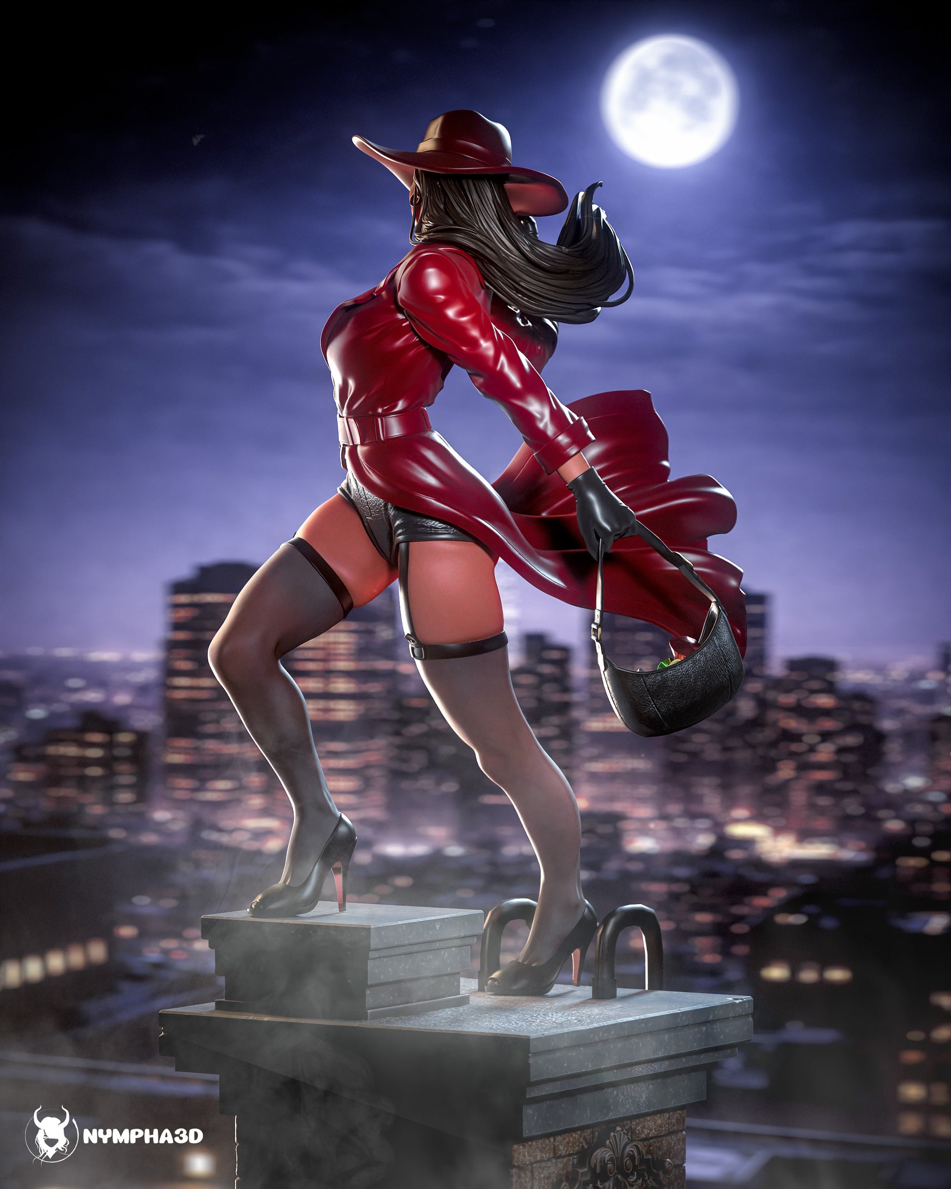 Carmen Sandiego 1:6 scale resin statue rear render featuring flowing coat high heels rooftop chimney base and city skyline