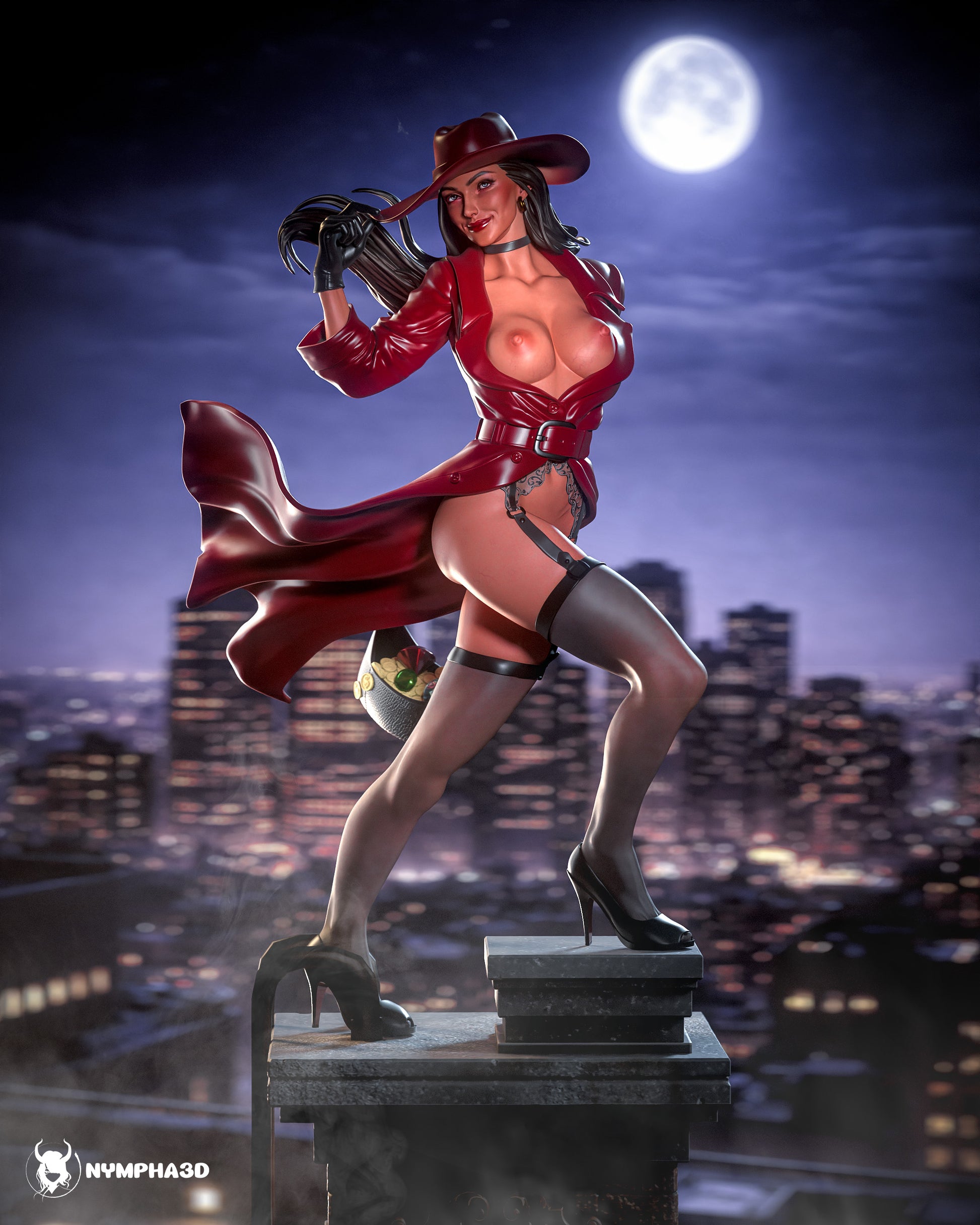Carmen Sandiego premium NSFW resin statue 1:6 scale with flowing trench coat rooftop display and noir inspired styling