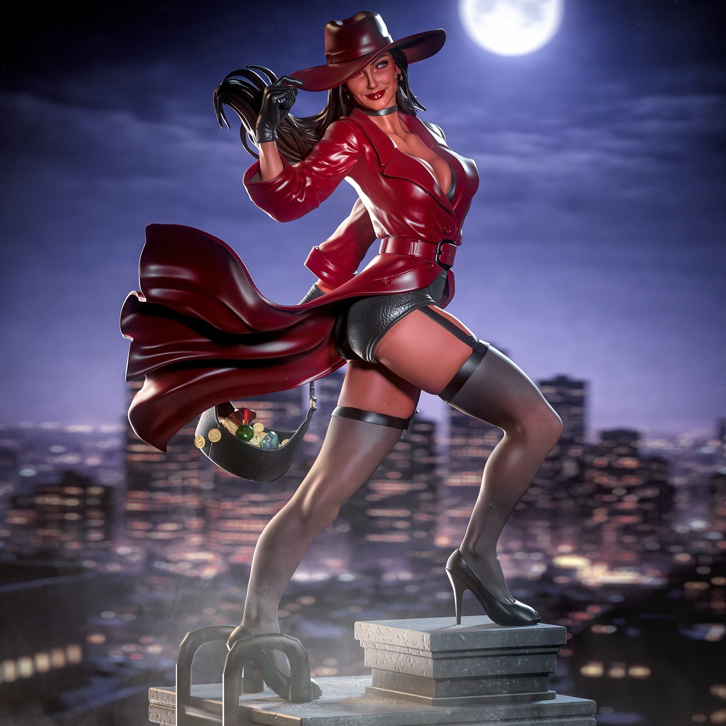 Carmen Sandiego 1:6 scale resin statue painted standard version rooftop pose with red trench coat and moonlit city background