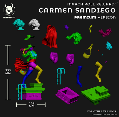 Carmen Sandiego premium version exploded parts layout for 1:6 scale resin statue with alternate torso bust and rooftop display components