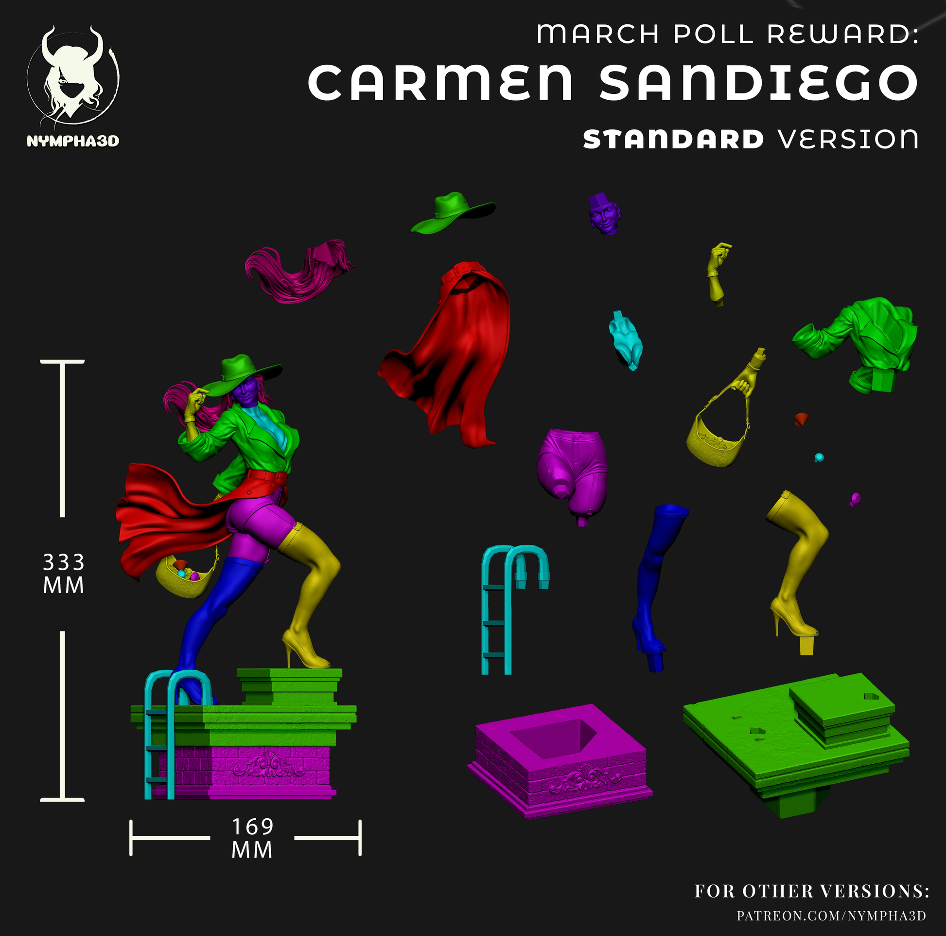 Carmen Sandiego standard version exploded parts layout for 1:6 scale resin statue showing rooftop base coat body hair and accessories