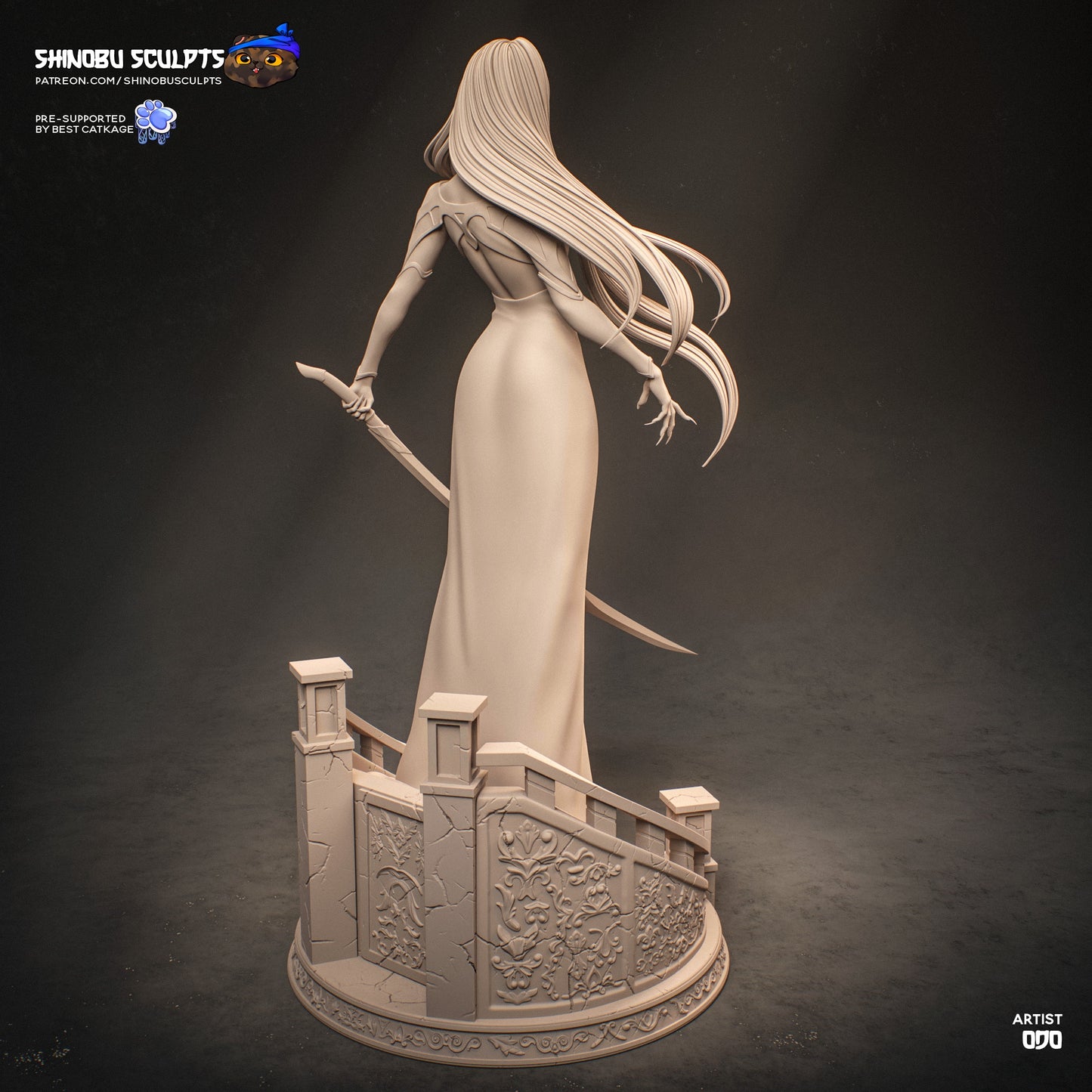 Carmilla Castlevania vampire queen rear view 1:8 scale figure clay render showing gown hair and ornate base