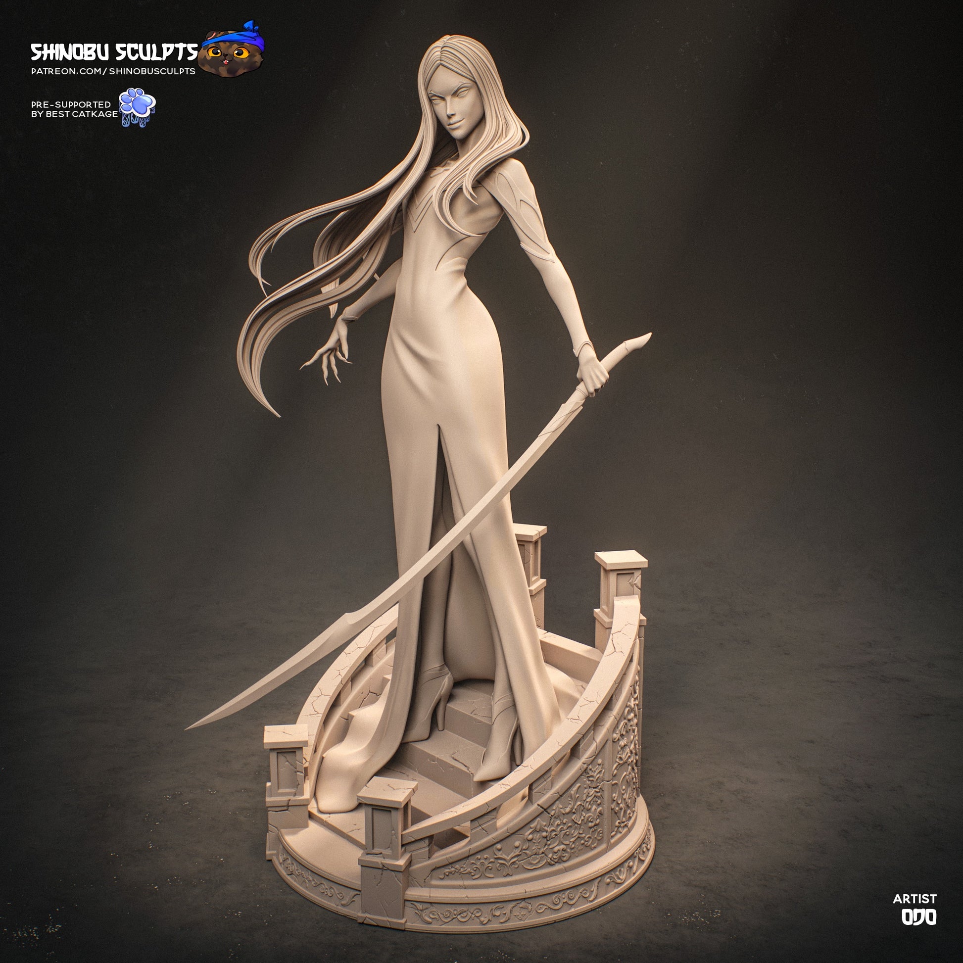 Carmilla Castlevania vampire queen 1:8 scale figure clay render with flowing hair sword and staircase base
