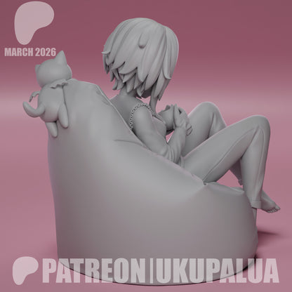 Casual Megumin Konosuba resin statue back view beanbag pose cat companion relaxed anime figure sculpt