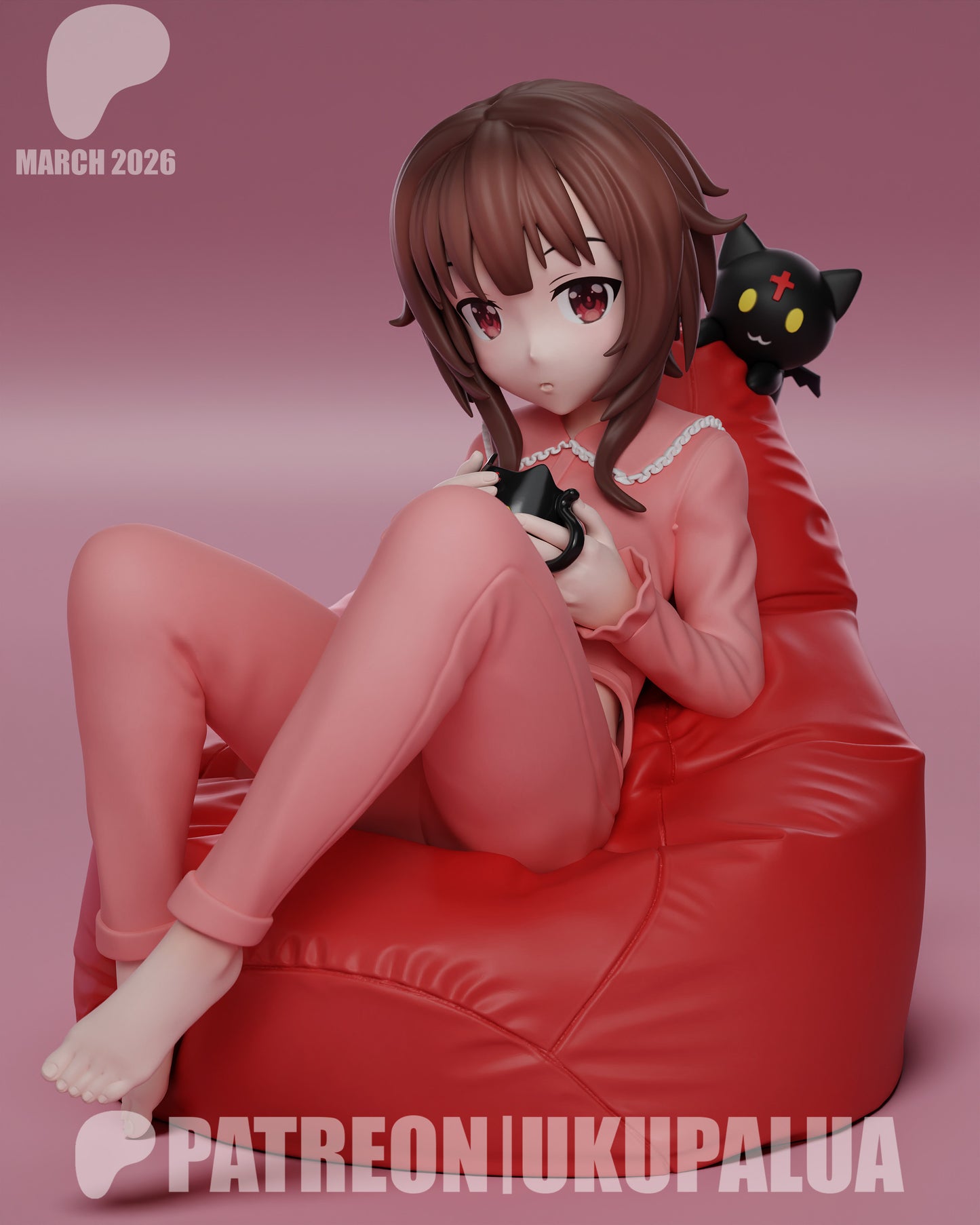 Casual Megumin Konosuba painted resin statue seated beanbag pose anime figure casual outfit cat companion