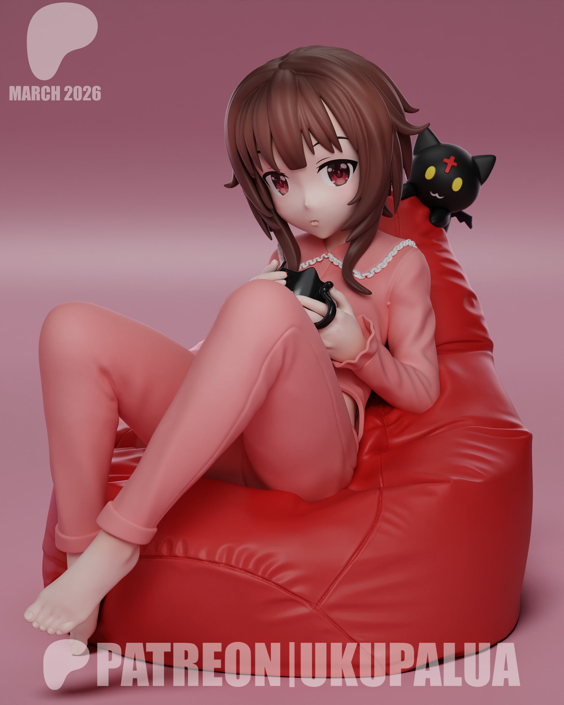 Casual Megumin Konosuba painted resin statue seated beanbag pose anime figure casual outfit cat companion