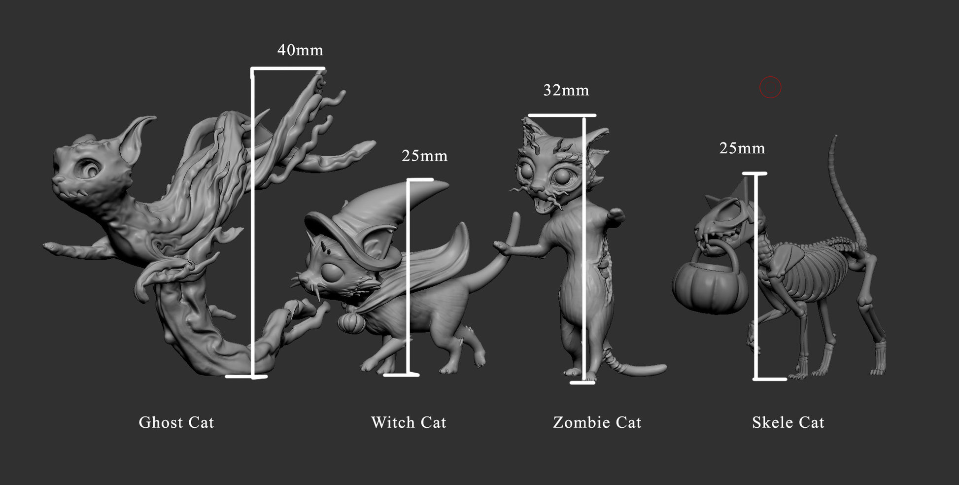 Four Halloween-themed cat miniatures showing their scales, including Ghost Cat, Witch Cat, Zombie Cat, and Skele Cat, ranging from 25mm to 40mm.