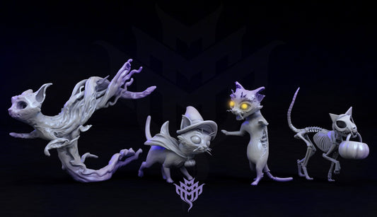 Group of four Halloween-themed cat miniatures: Ghost Cat with a spectral body, Witch Cat with a hat and pumpkin, Zombie Cat with glowing eyes, and Skele Cat holding a pumpkin.