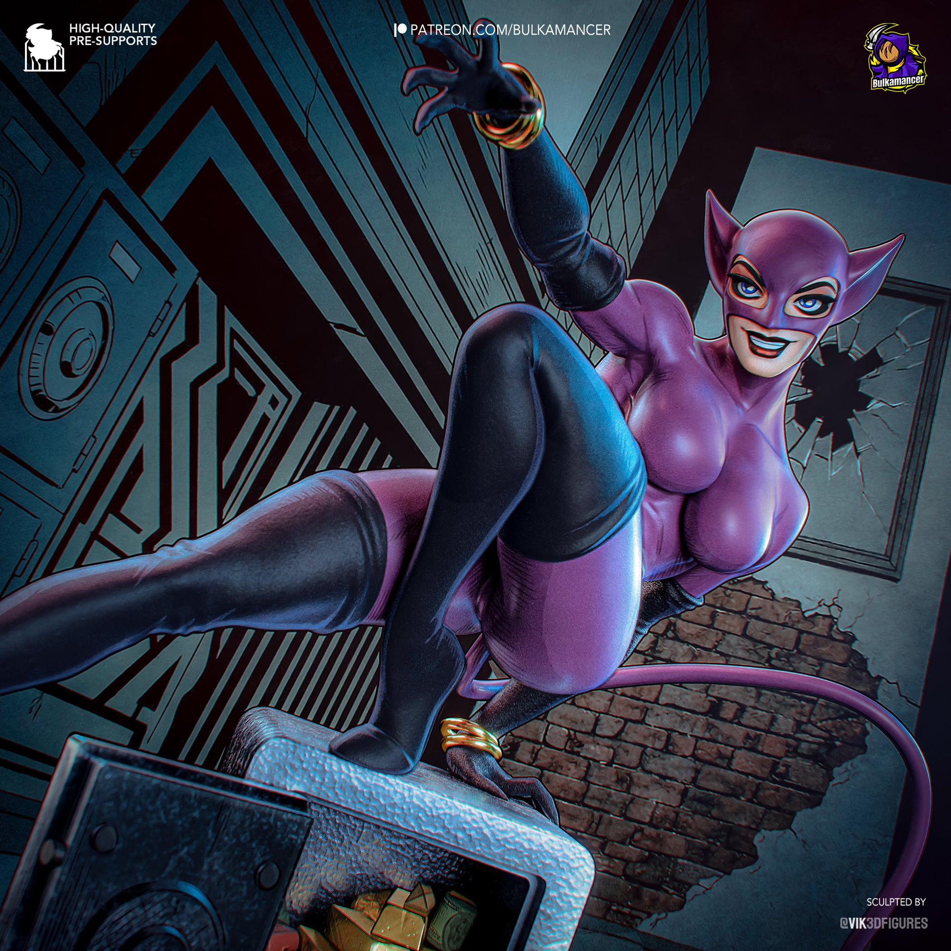 Catwoman DC Comics 1:8 scale figure crouched atop open safe with extended leg, clawed hand reaching forward, tail arched behind, and dynamic heist pose