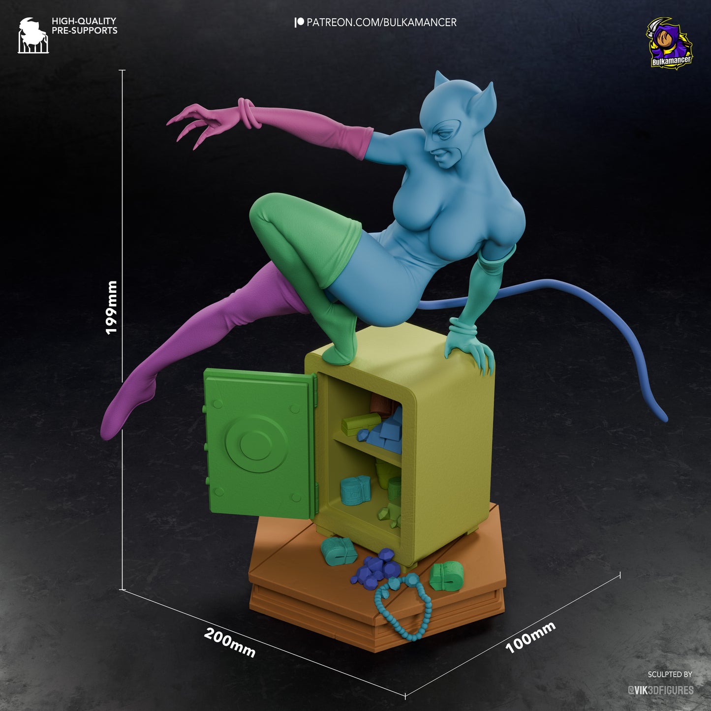 Catwoman DC Comics 1:8 scale figure size reference showing height width and depth measurements for display scale comparison