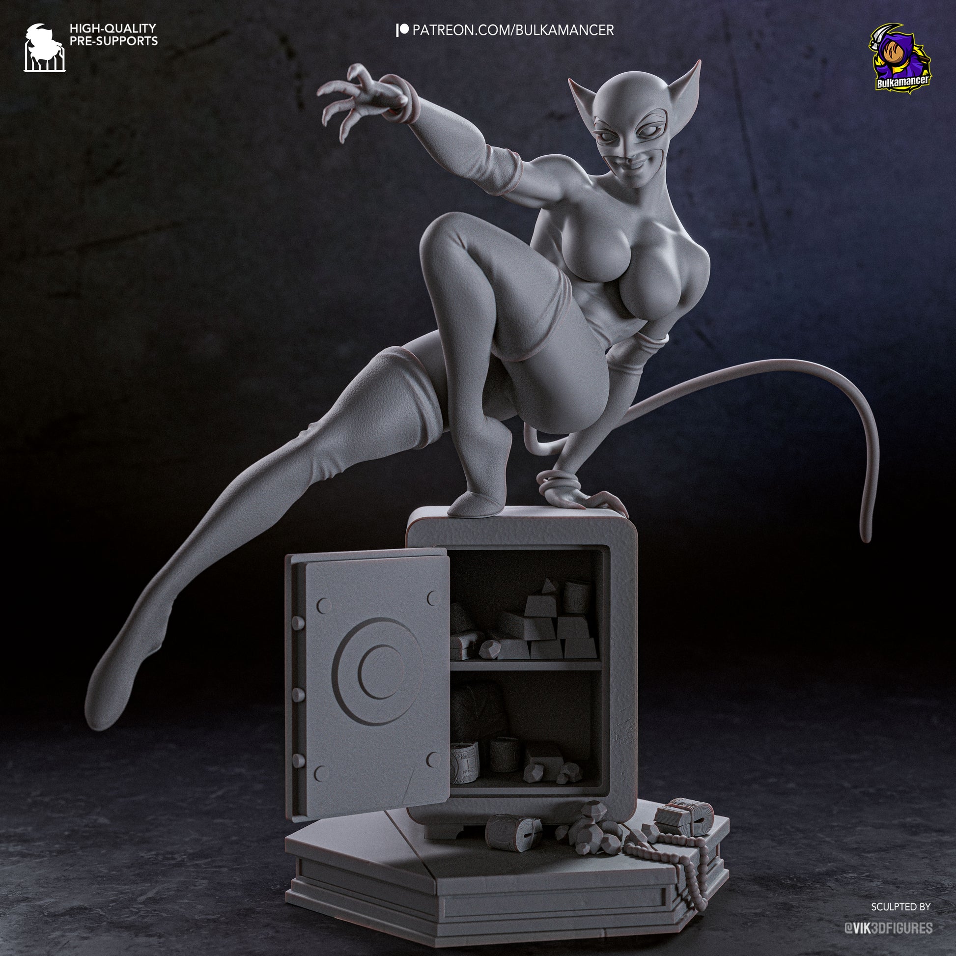 Catwoman DC Comics unpainted 1:8 scale figure showing full body pose, pointed ears, tail balance, and detailed safe base