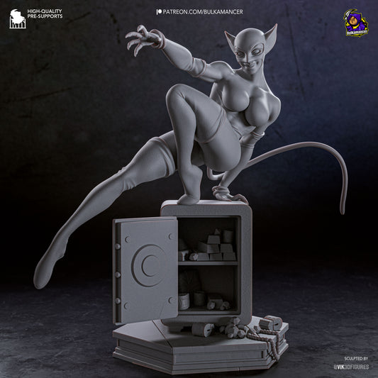 Catwoman DC Comics unpainted 1:8 scale figure showing full body pose, pointed ears, tail balance, and detailed safe base