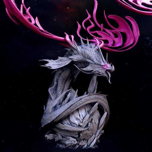 Celestial Dragon (Star Dragon) perched on a meteor, with massive swirling celestial wings and a coiled, radiant body.