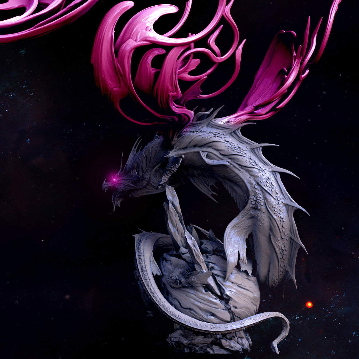 Celestial Dragon, or Radiant Dragon, perched on jagged meteor with cosmic wings extending outward and a coiling tail wrapping the base.