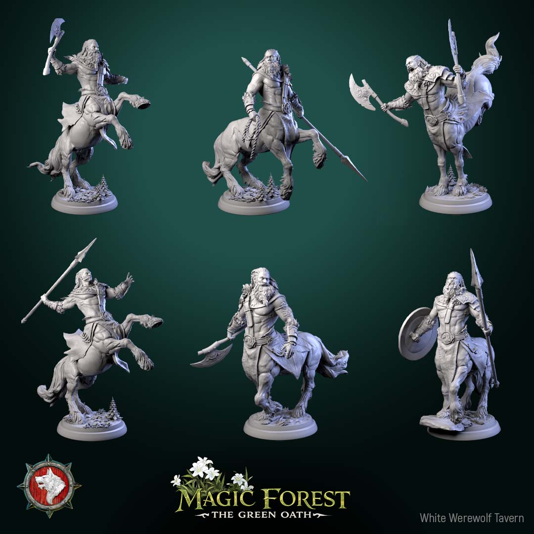 Centaur Warrior human fighter miniature multiple poses axe spear shield rearing stance forest base Dungeons and Dragons centaur model
