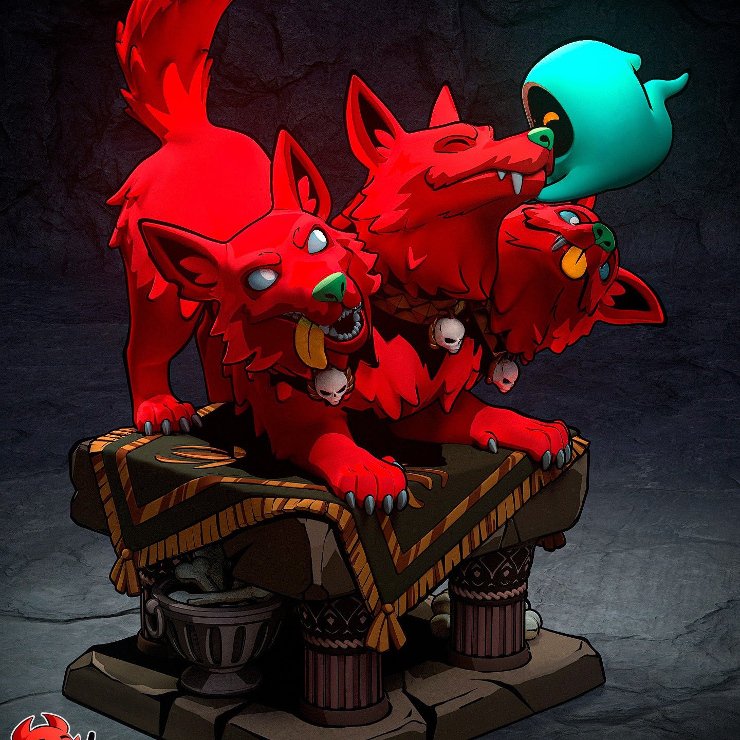 Cerberus Hades 1:24 scale painted figure showing three-headed guardian pose, stylized fur, skull adornments, and underworld display base