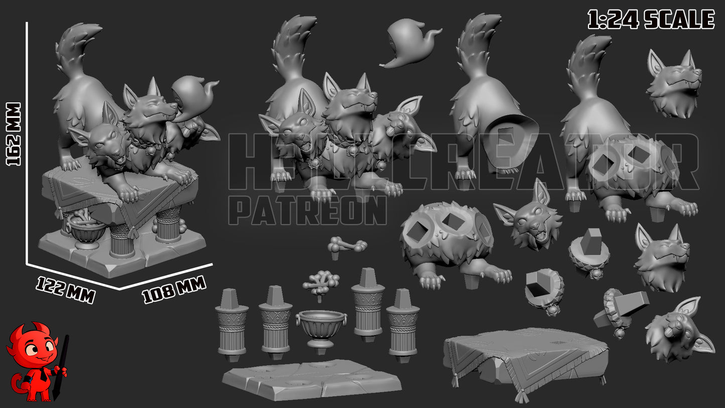 Cerberus Hades 1:24 scale figure size reference showing height width and depth measurements for display comparison