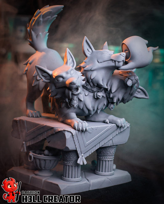 Cerberus Hades 1:24 scale figure front view with three snarling heads, skull collar details, clawed paws, and elevated guardian stance