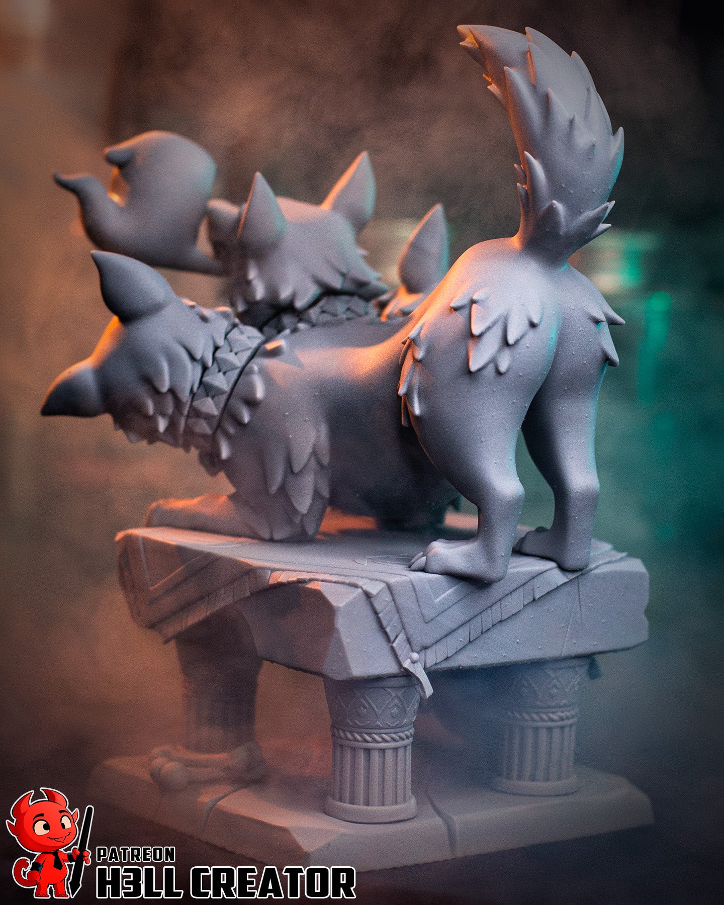 Cerberus Hades 1:24 scale figure rear view showing raised tail, layered fur sculpting, muscular hind legs, and stone pedestal base