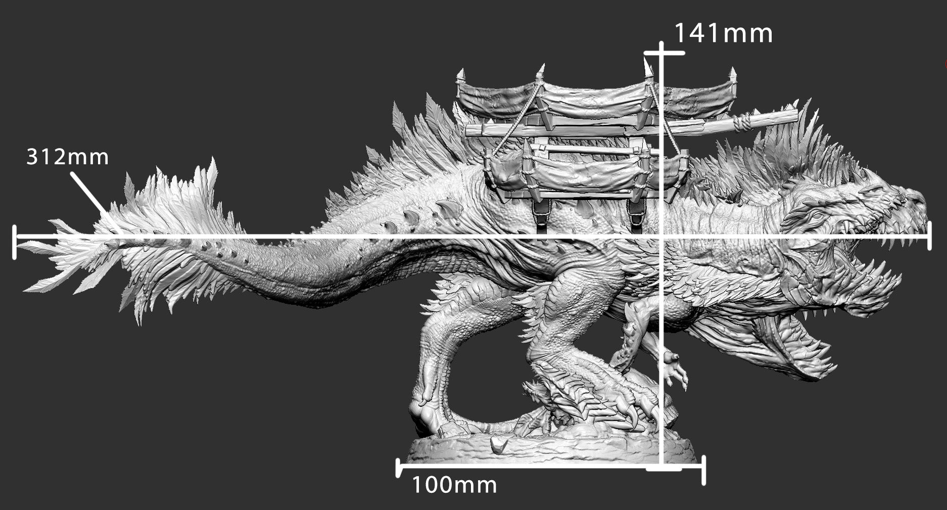 Feathered T-Rex with scale dimensions of 312mm length and 141mm height, showing intricate feather and claw details.