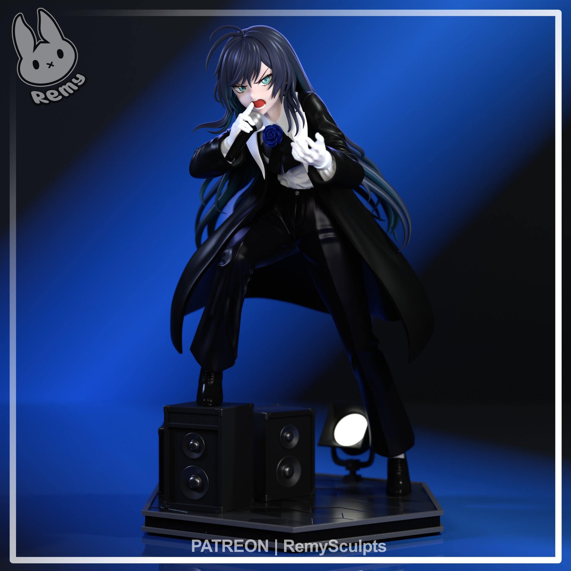 Chando Usseewa Ado 1:7 scale anime figure front view singing pose microphone in hand long coat flowing hair standing on speaker stage base