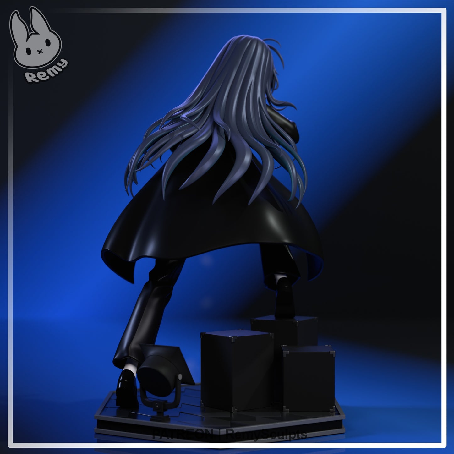 Chando Usseewa Ado 1:7 scale anime statue rear view long hair flowing trench coat stage speakers spotlight base