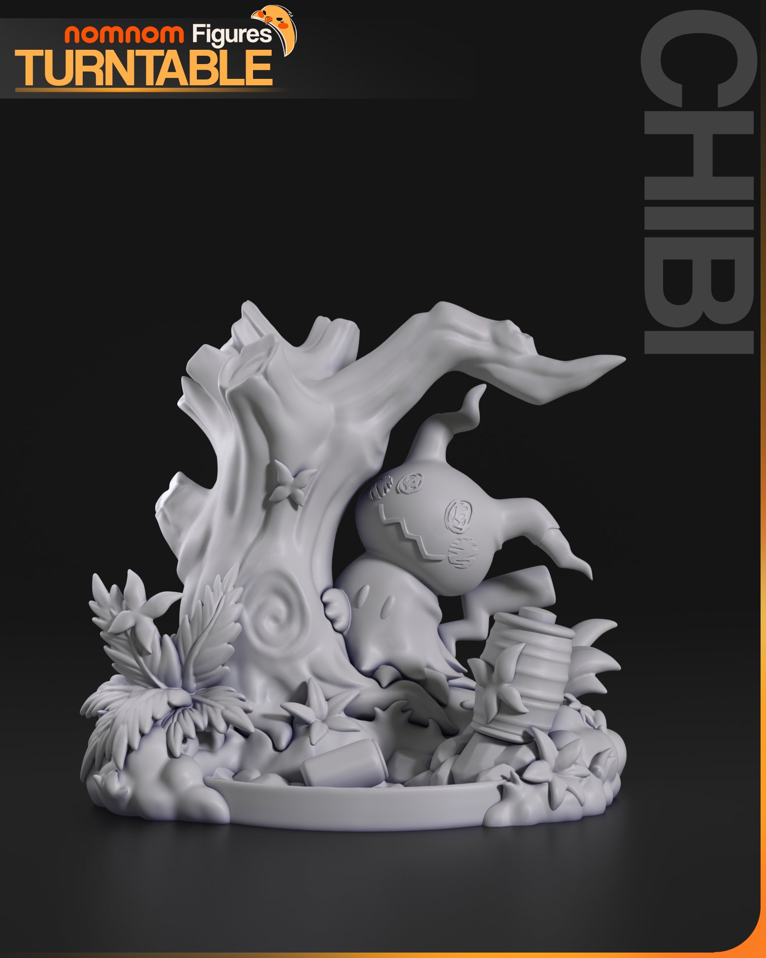 Chibi Mimikyu Ghost Fairy Pokemon back view 75mm display figure leaning against twisted tree with scenic foliage base