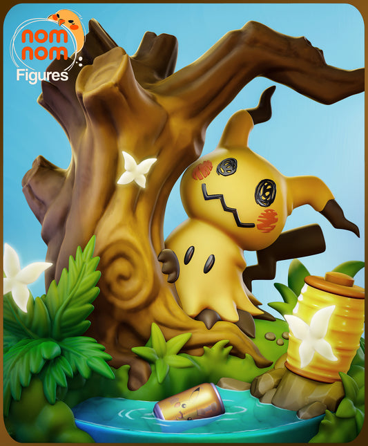 Chibi Mimikyu painted Ghost Fairy Pokemon display figure hiding by tree trunk with foliage, flowers, water stream, and honey pot scenic base