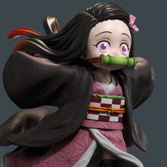 Chibi Nezuko Kamado Demon Slayer figure angled view, dynamic movement pose, oversized sleeves, detailed chibi proportions, anime display figure
