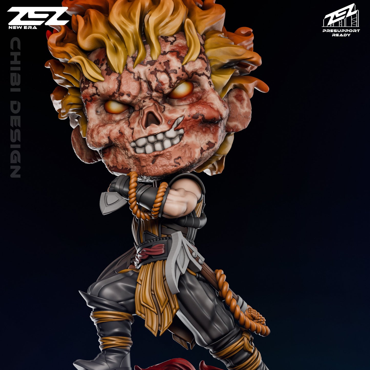 Chibi Scorpion Mortal Kombat figure with flaming skull head dual kunai standing on stone base with skulls