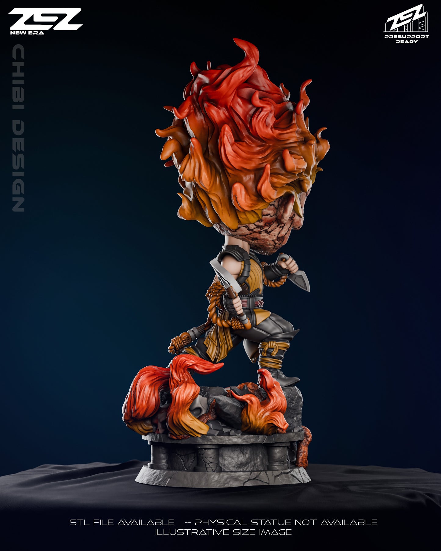Chibi Scorpion figure back view showing flame sculpt rope wraps and base debris details