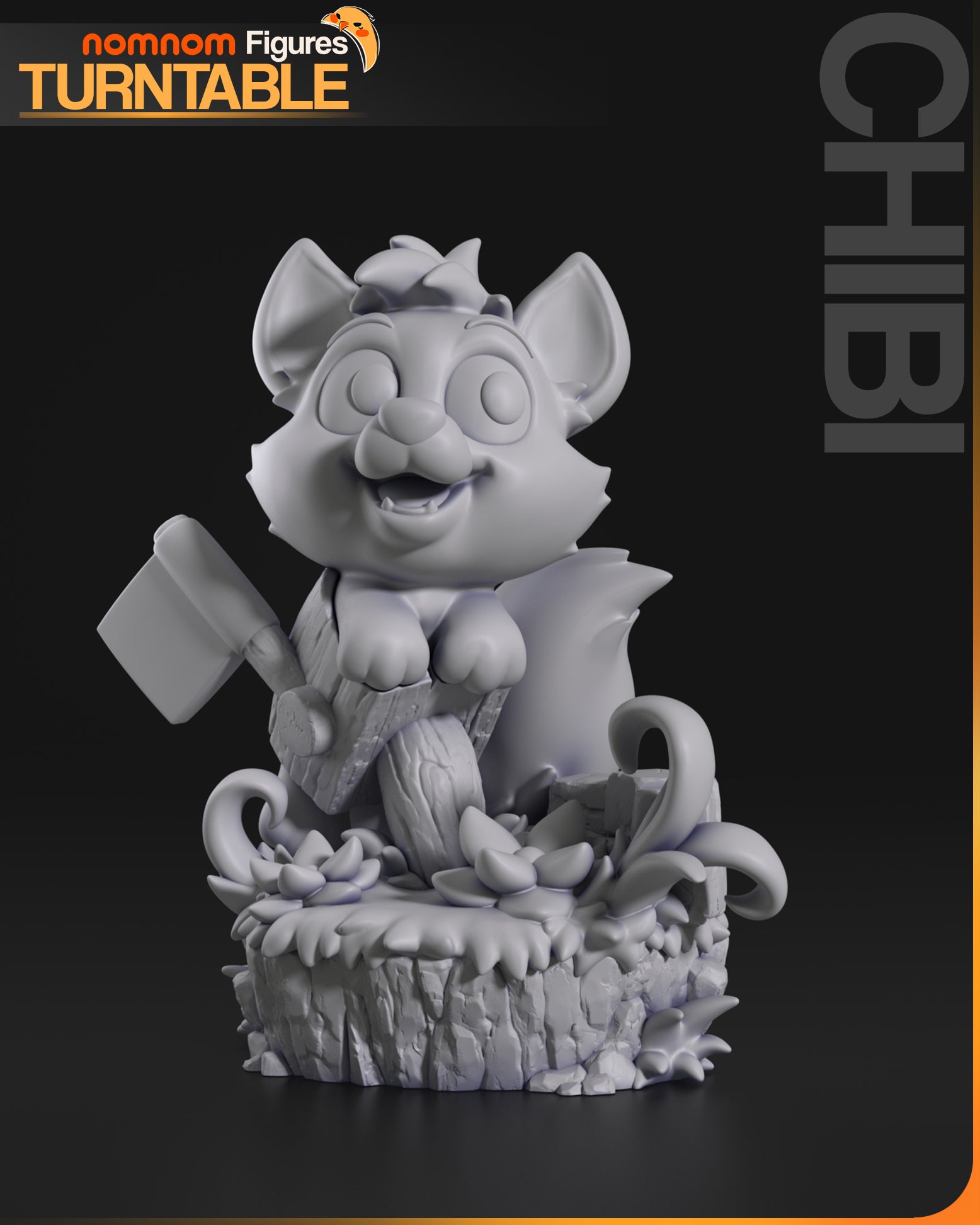 Chibi Tod Fox and the Hound collectible unpainted front view chibi fox axe tree stump sculpt