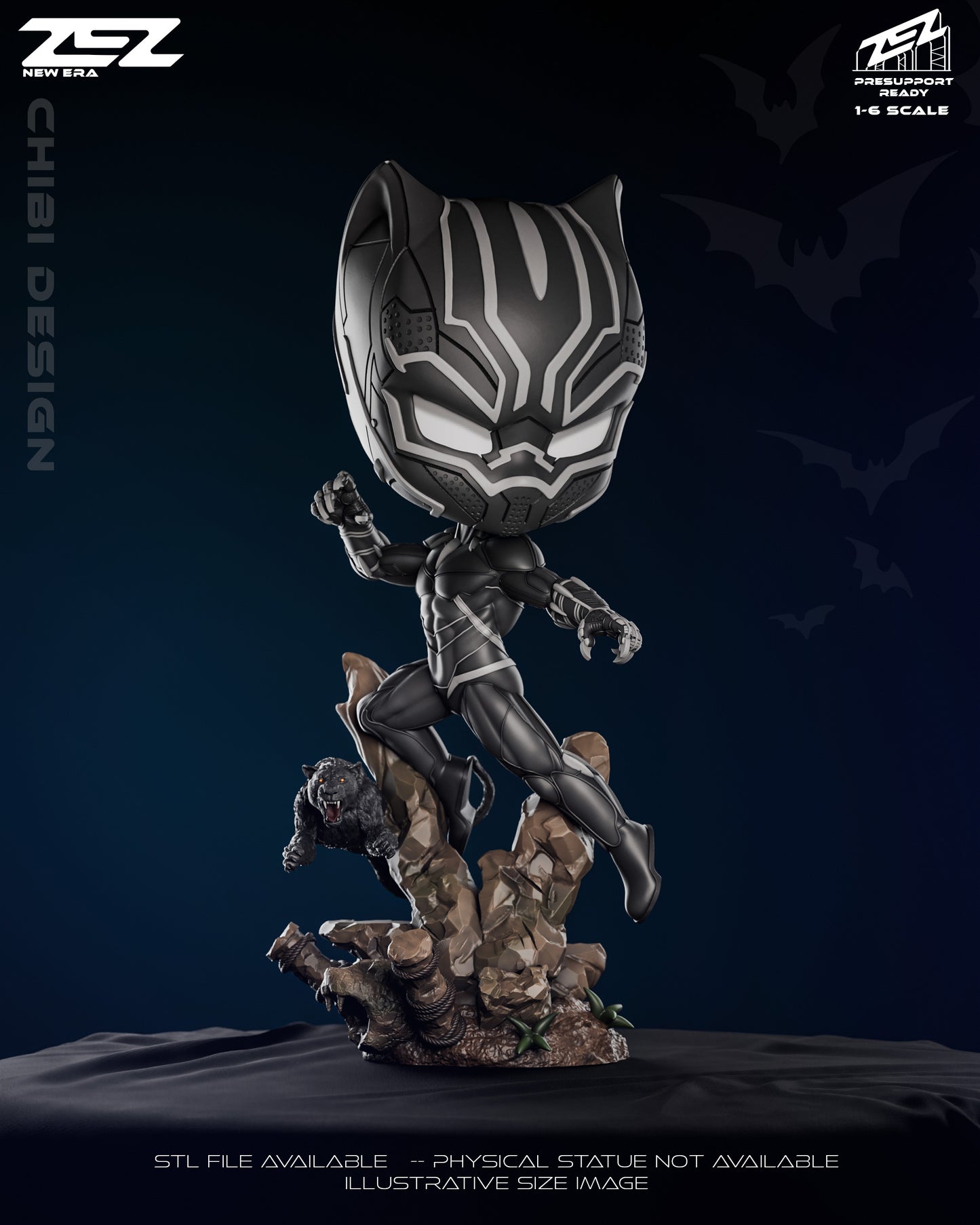 Chibi Black Panther collectible front view showing panther mask muscular suit and forward attack pose