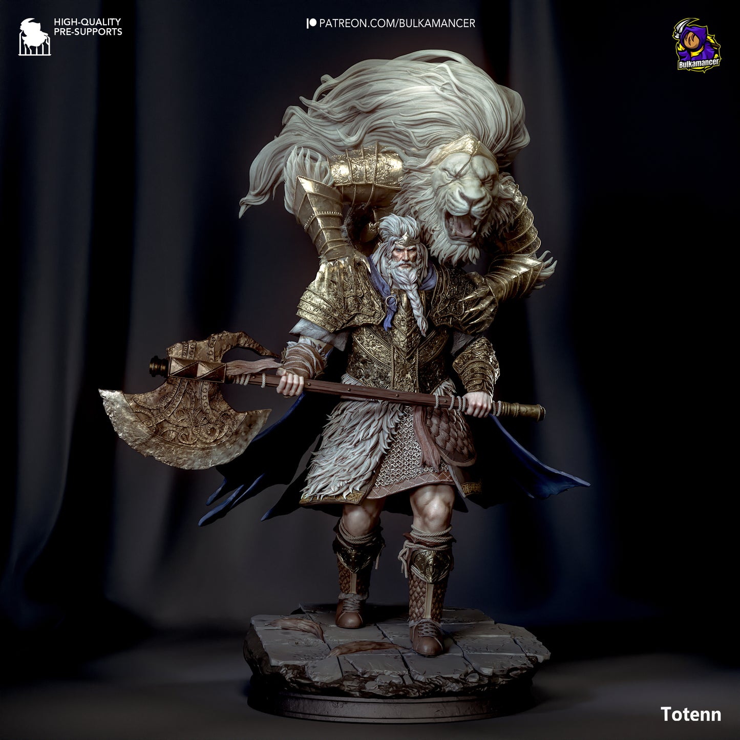 Painted Godfrey, First Elden Lord figure wielding a large axe with lion spirit behind him.