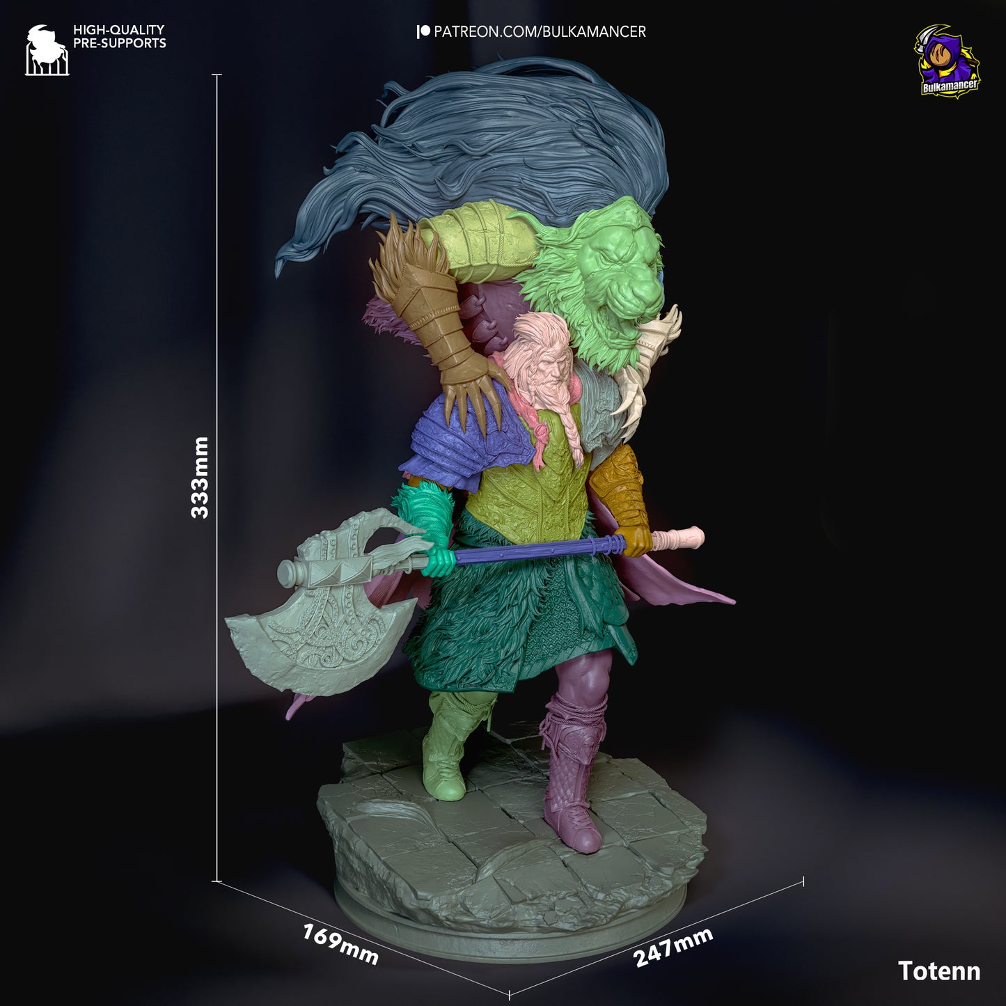 Color-coded 3D model of Godfrey showing assembly layout and model dimensions.