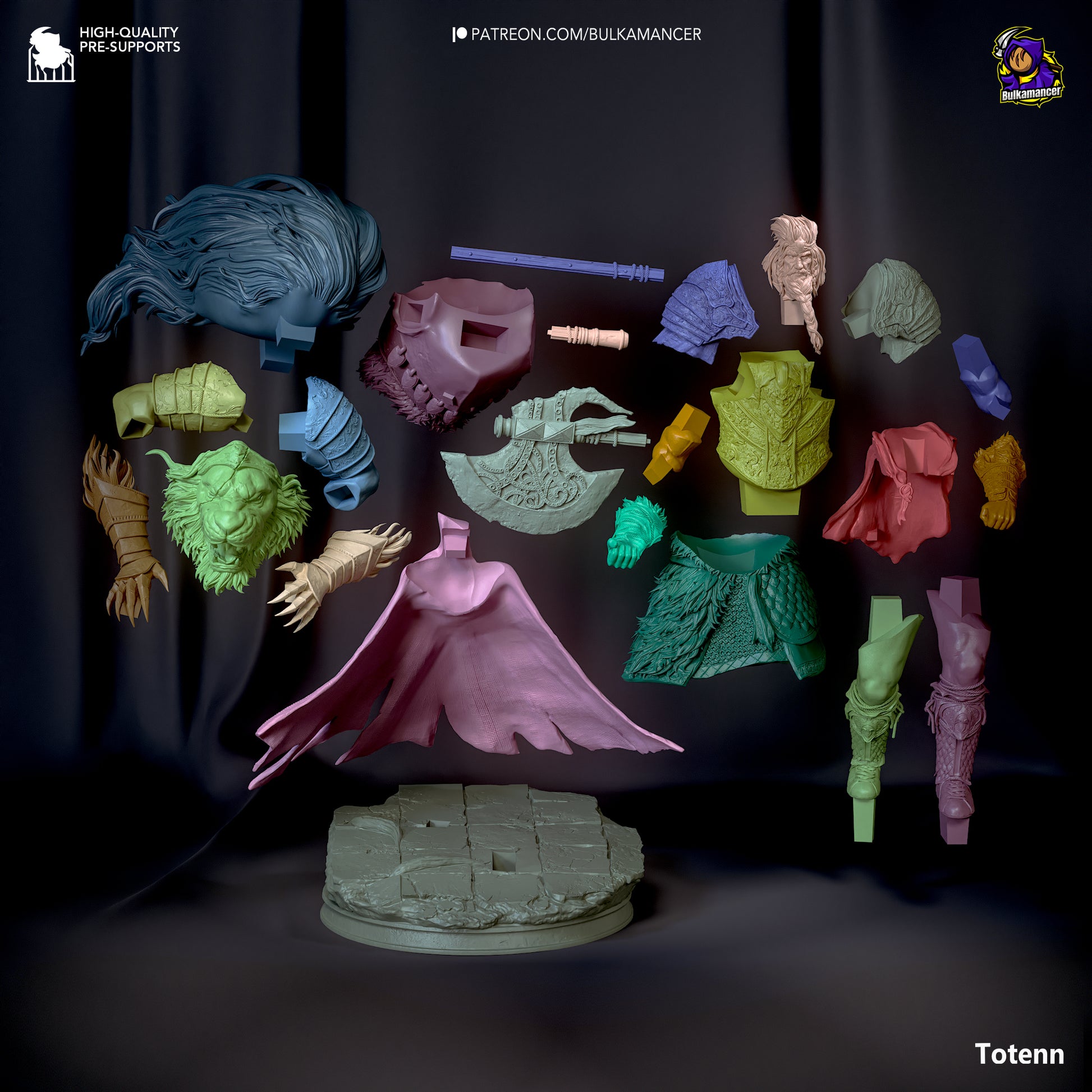 Disassembled model parts of Godfrey figure showing armor, axe, and lion spirit components.