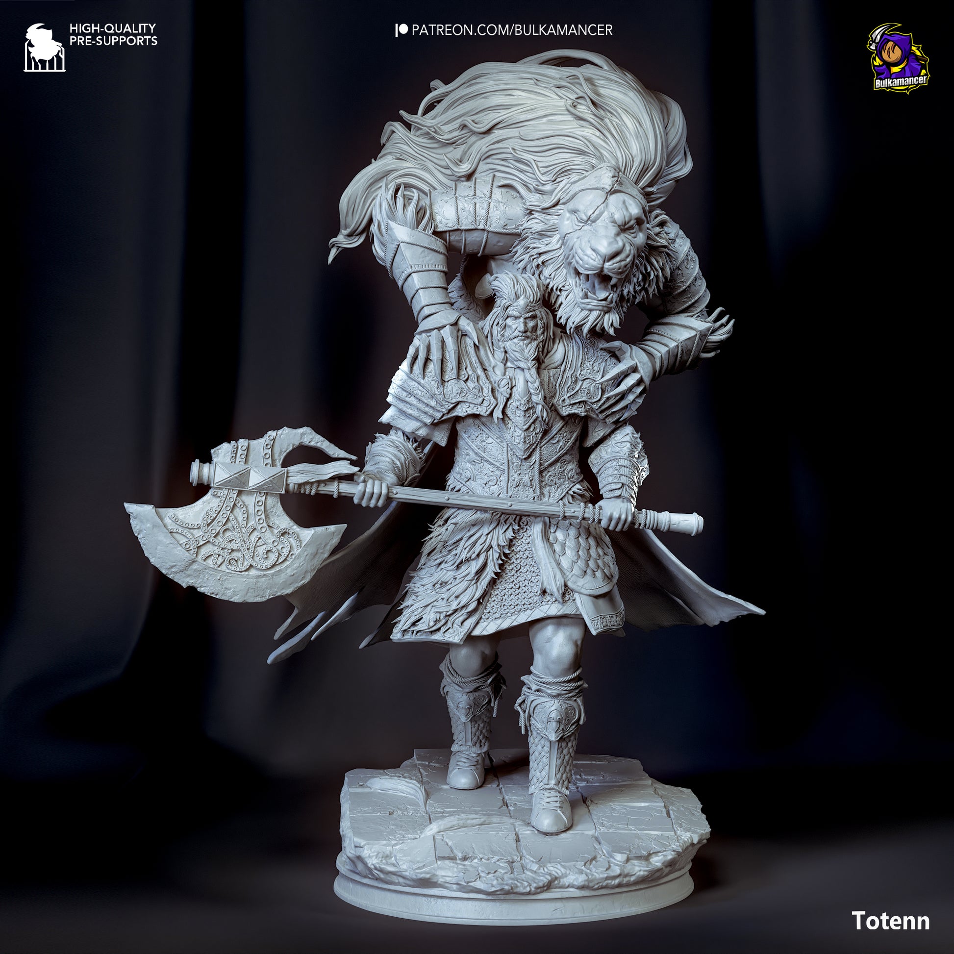 Front view of unpainted Godfrey statue holding axe with detailed armor and base texture.