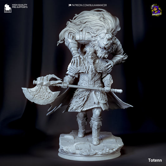 Front view of unpainted Godfrey statue holding axe with detailed armor and base texture.