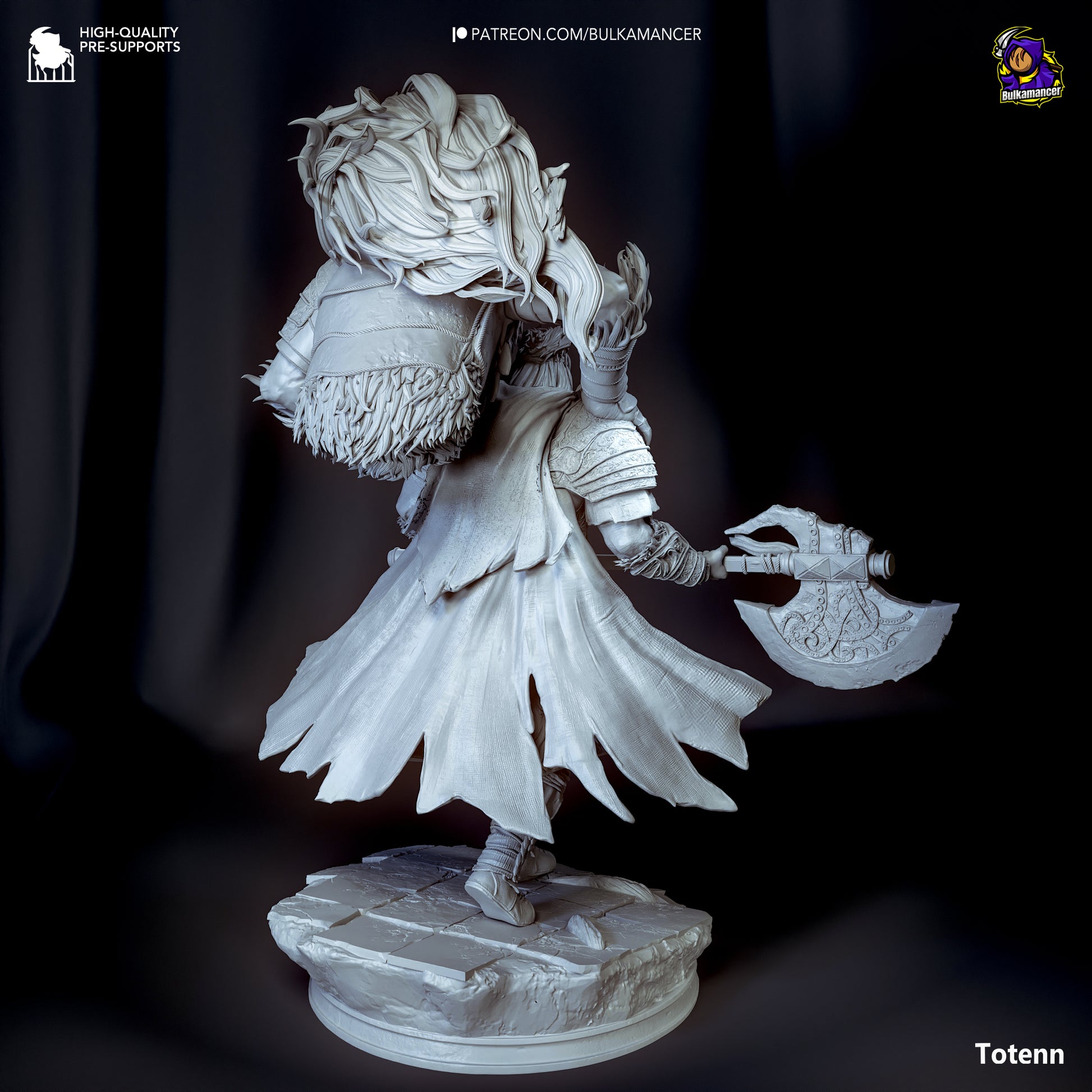 Rear view of unpainted Godfrey figurine displaying flowing cape and lion spirit mane.