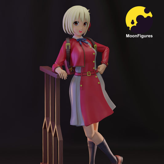 Chisato Nishikigi Lycoris Recoil 1:10 scale figure front view leaning against railing in school uniform on wooden base