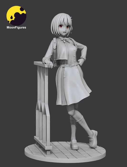 Chisato Nishikigi statue gray render displaying sculpted facial expression clothing folds and base structure