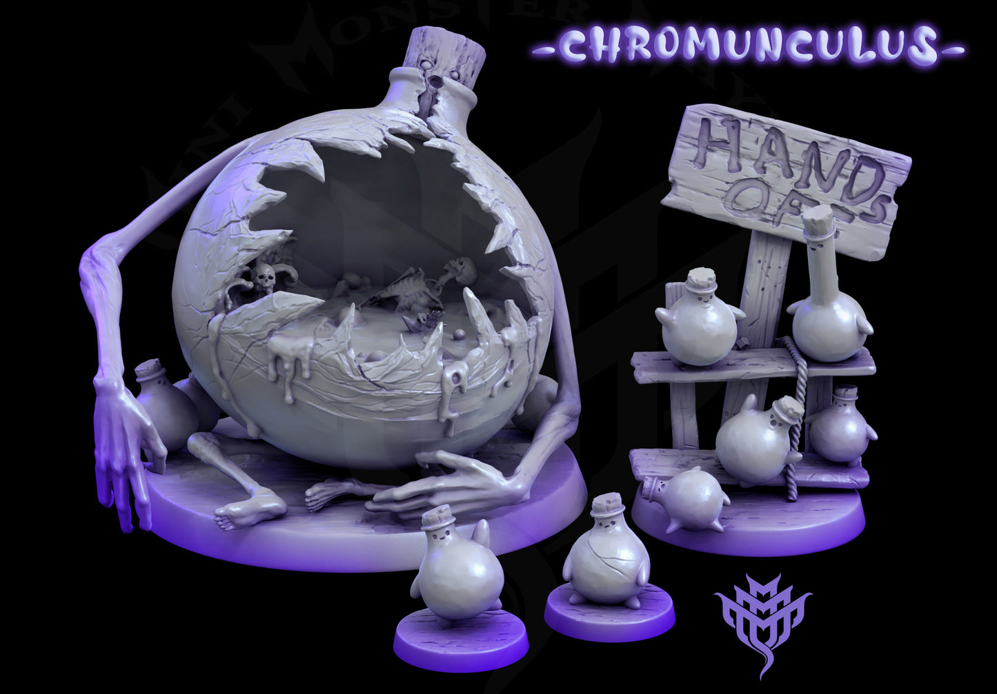 A large shattered jar mimic with skeletal remains, accompanied by smaller chromunculi figures and a "Hands Off" sign, suitable for mysterious encounters in dark fantasy games like Warhammer.