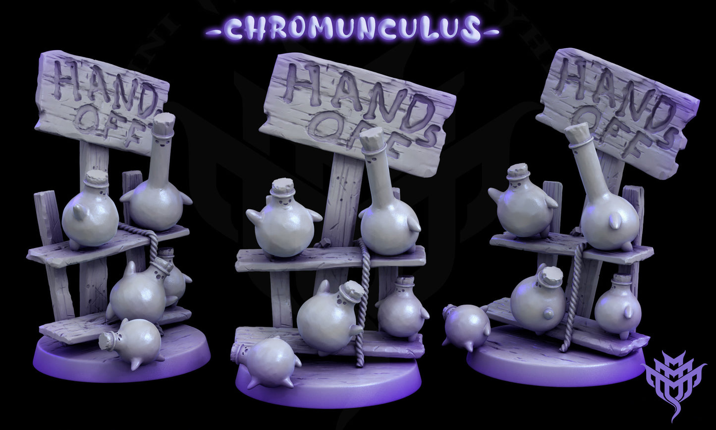 A set of small chromunculi arranged on a wooden shelf with a "Hands Off" sign, adding whimsical danger to your fantasy TTRPG scenarios.