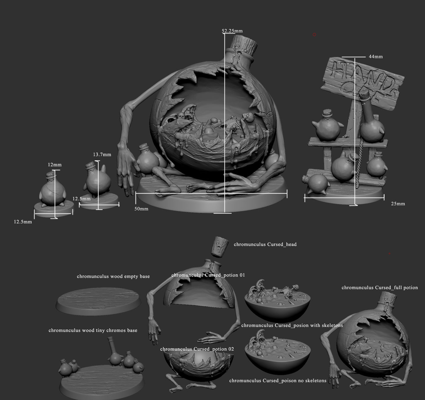 A lineup showing the scale of various Chromunculus figures, including the cursed variant and tiny potion-like familiars, great for TTRPG campaigns needing varied creature sizes.