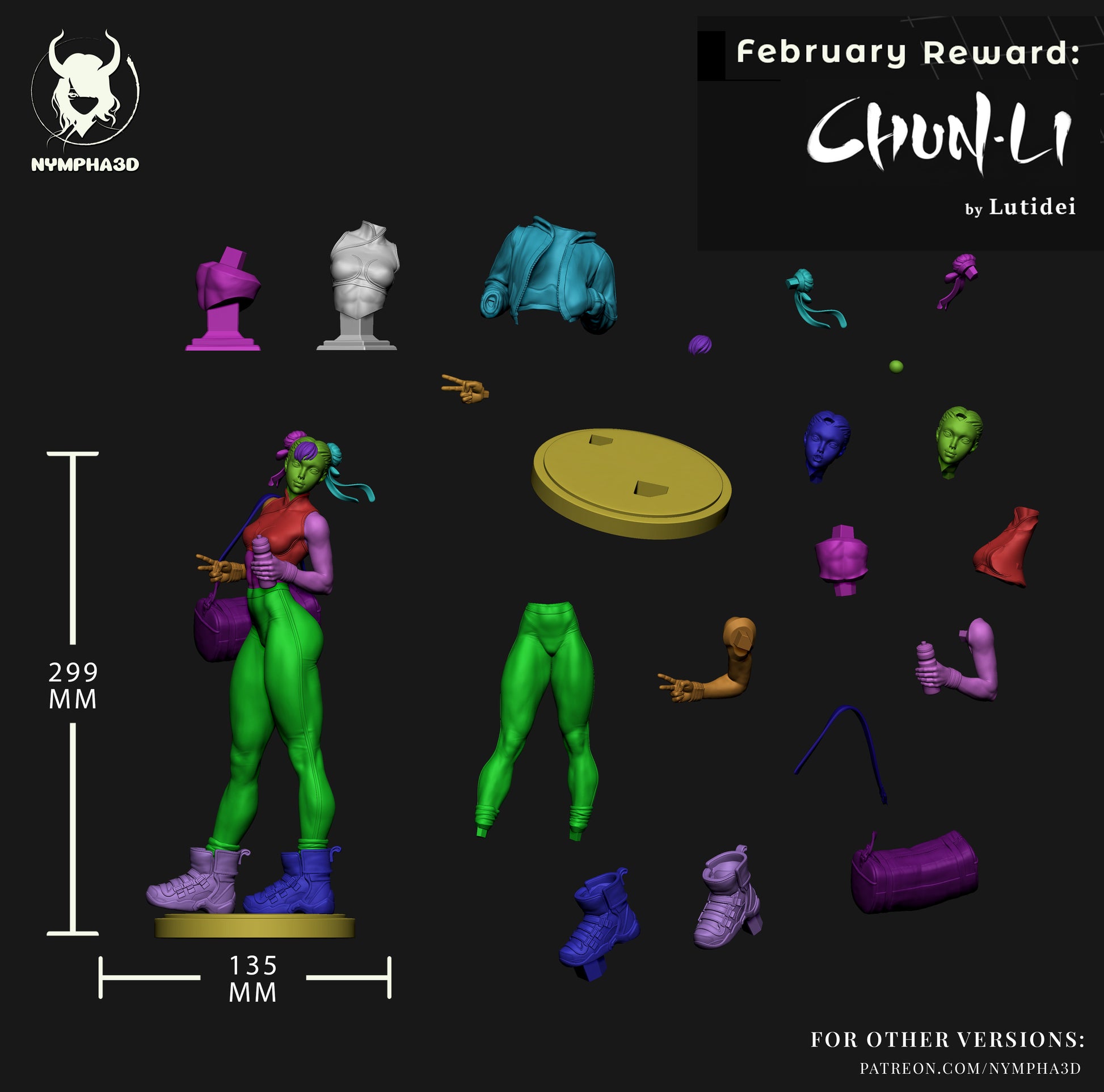 Chun-Li Street Fighter 1:6 scale figure parts layout alternate torso jacket arms legs boots head options resin model kit breakdown