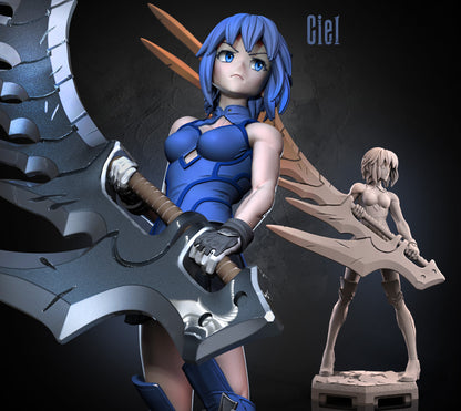 Ciel Tsukihime inspired human vampire hunter miniature front view oversized execution blade gothic anime tabletop model