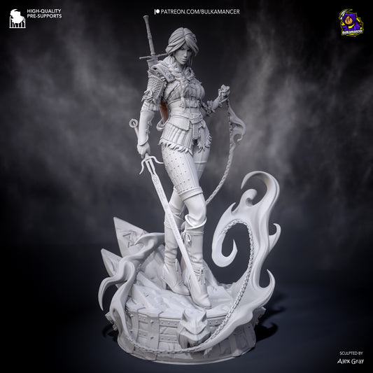 Stylized Ciri grayscale front view, posed with whip and sword over detailed circular base with crystals and tentacles