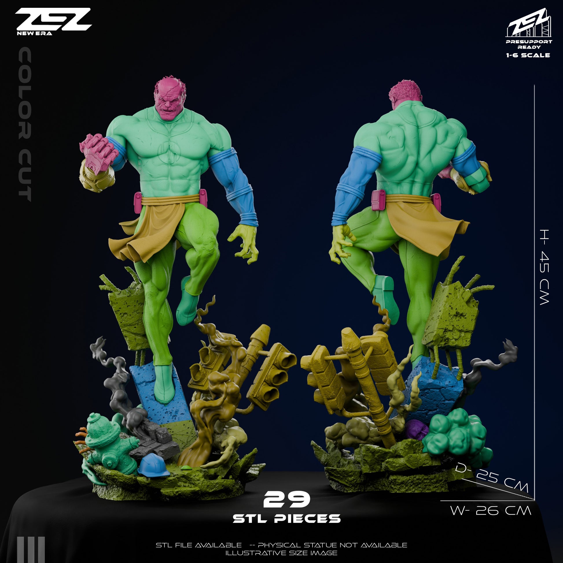 Exploded color-cut render of Conquest showing 29 STL parts, standing on a debris-filled base.