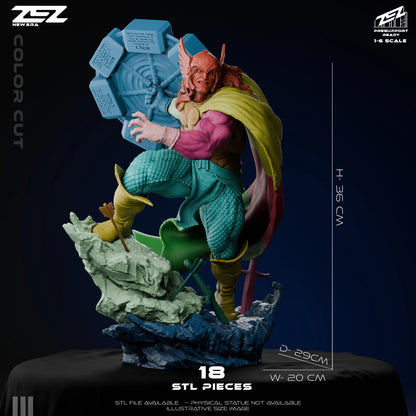 Thor God of Thunder 1:6 scale Marvel figure holding circular hammer shield, dynamic battle pose with flowing cape and rocky terrain base