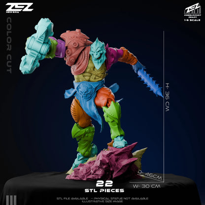 Trapjaw color cut 1:6 scale model, segmented armor plates, cybernetic arm, spiked weapon limb, muscular anatomy, multipart collectible figure